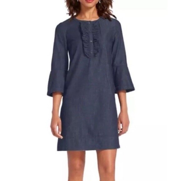 Draper James Denim Blue Chambray Ruffle Shift Dress Sz 8 Western Preppy Church - Picture 2 of 16